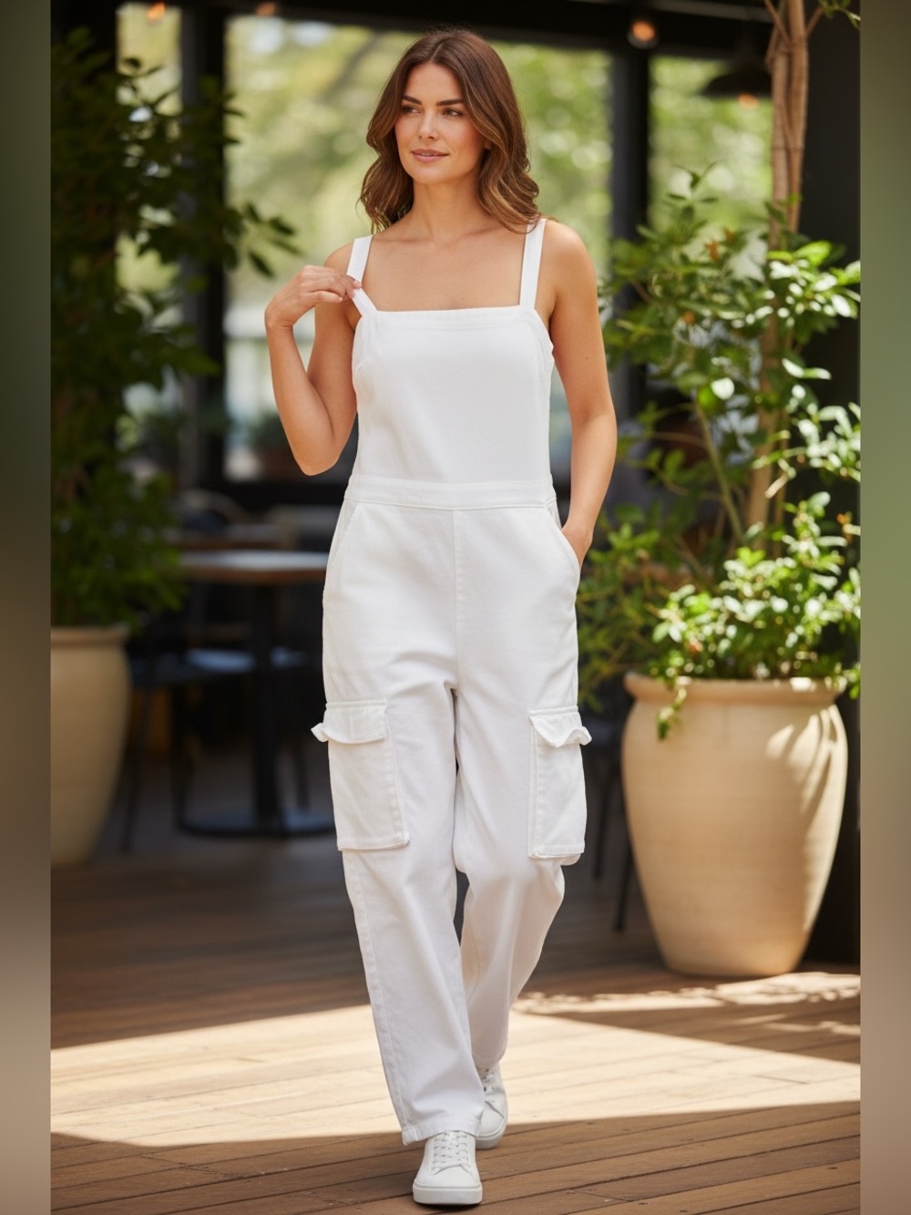 Evolutionary white cargo jumpsuit adjustable straps multi-pocket design. Large